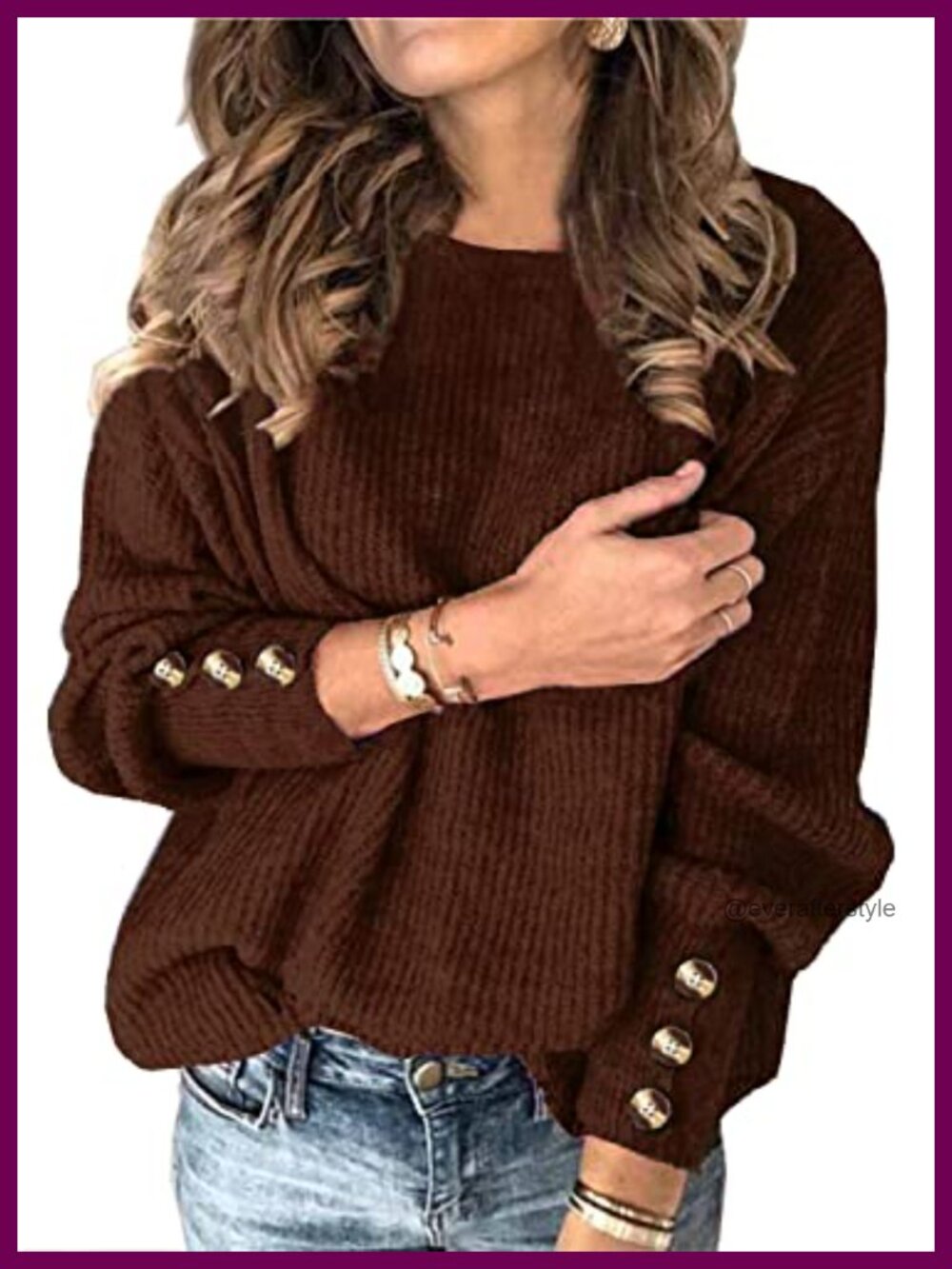 Women's Batwing Long Sleeve Crewneck Pullover Sweater with Buttons